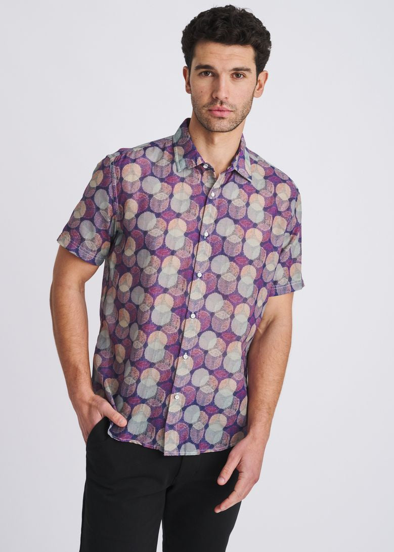 SAGE/PURPLE CIRCLES PRINTED LIGHTWEIGHT COTTON/SILK SHORT SLEEVE SHIRT PM-46055