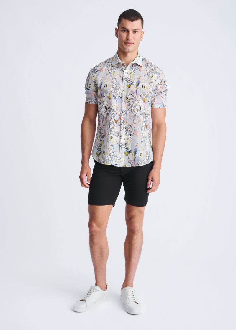 ORCHID/CORAL FLORAL PRINTED LIGHTWEIGHT LINEN/TENCEL SHORT SLEEVE SHIRT PM-45039
