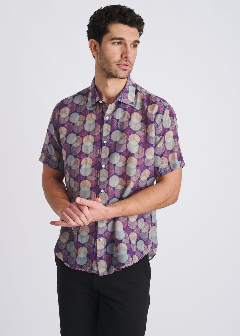 SAGE/PURPLE CIRCLES PRINTED LIGHTWEIGHT COTTON/SILK SHORT SLEEVE SHIRT PM-46055