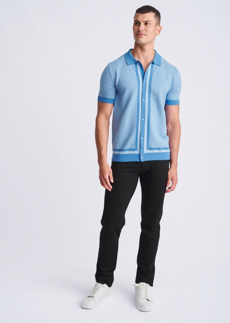 LAGOON/GLACIER HONEYCOMB TEXTURED COTTON BUTTON FRONT KNIT SHIRT PM-16329