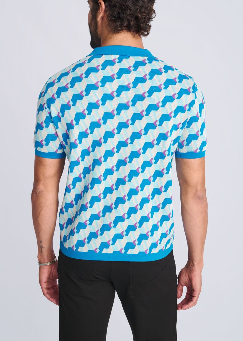 COBALT/TEAL 3D CUBES JACQUARD COTTON 3-BUTTON KNIT POLO PM-16325