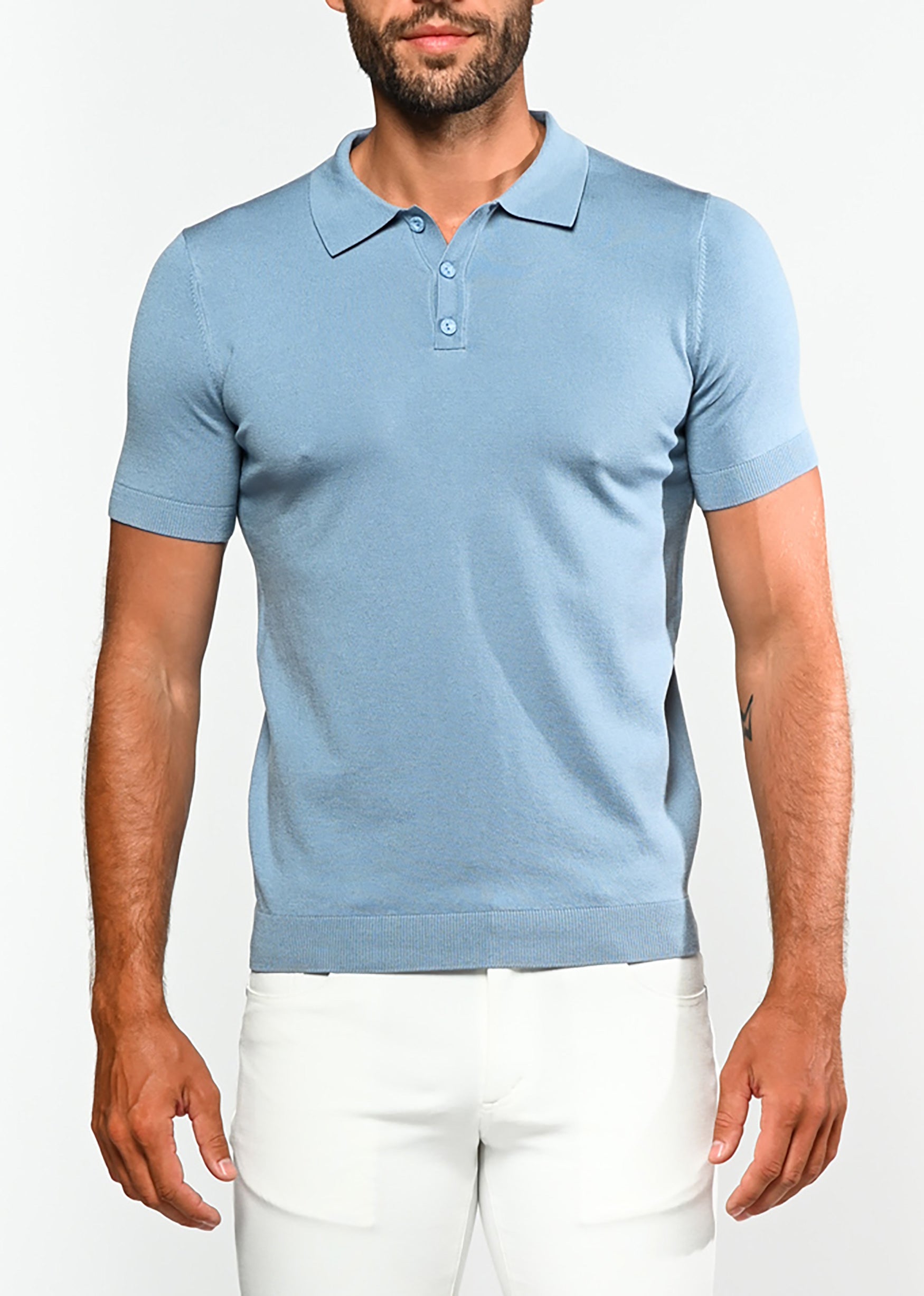 BLUE SLATE SILK/TENCEL 3-BUTTON KNIT POLO PM-16105