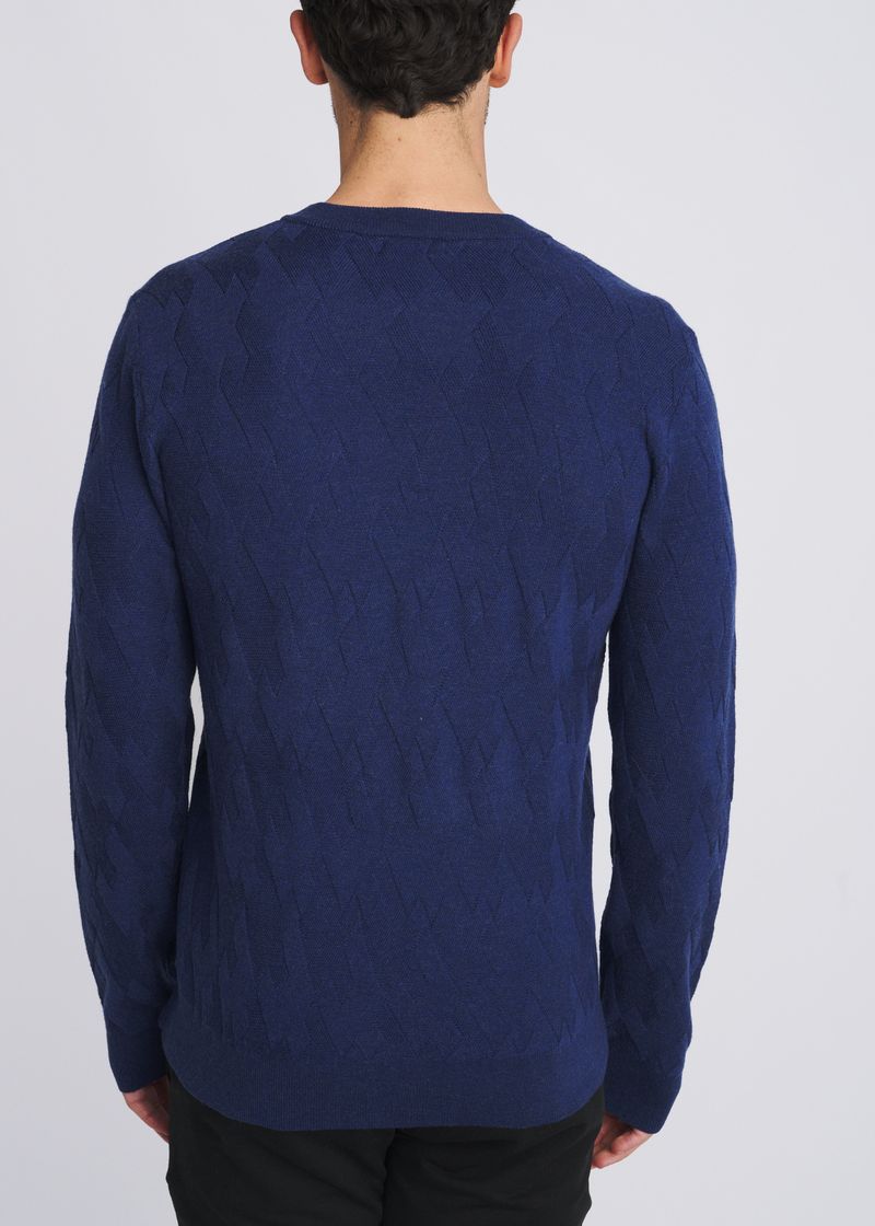 NAVY V-NECK BASKETWEAVE WOOL BLEND KNIT SWEATER PM-16420