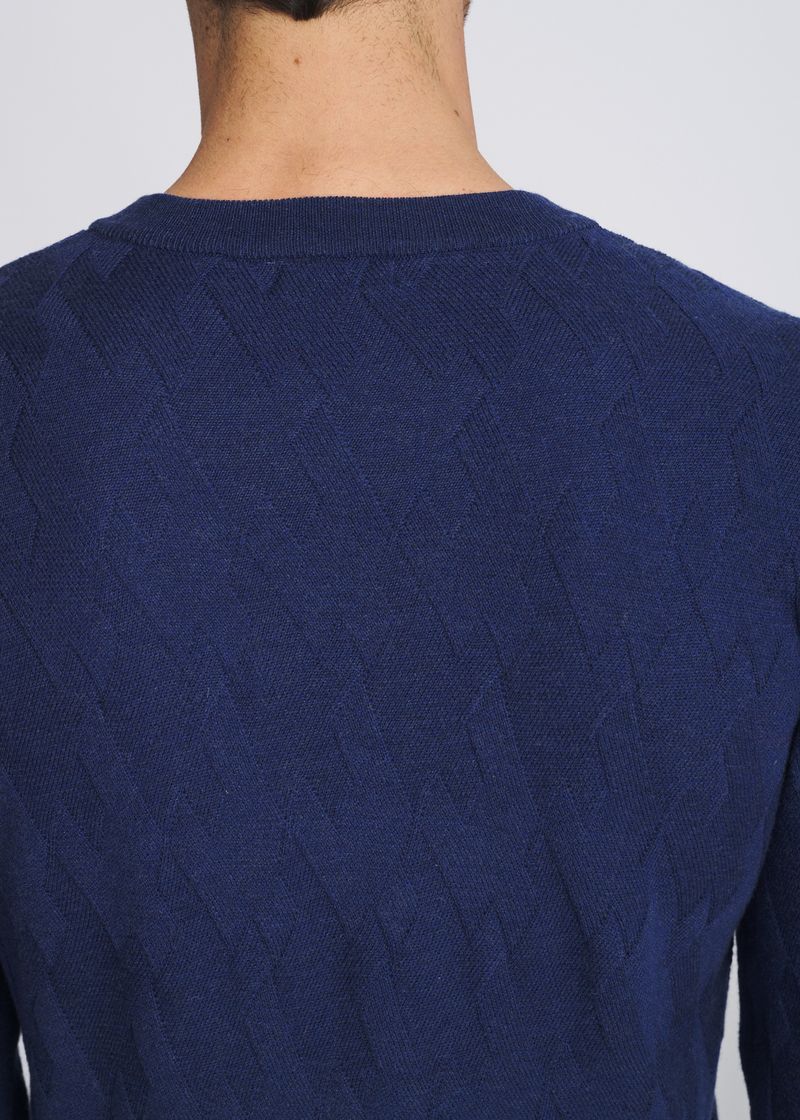NAVY V-NECK BASKETWEAVE WOOL BLEND KNIT SWEATER PM-16420