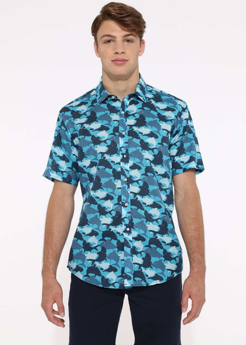 BLUE SHARKS COTTON VOILE SHORT SLEEVE WOVEN SHIRT
