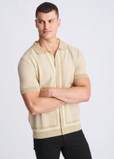 NUTMEG/LATTE HONEYCOMB TEXTURED COTTON BUTTON FRONT KNIT SHIRT PM-16329