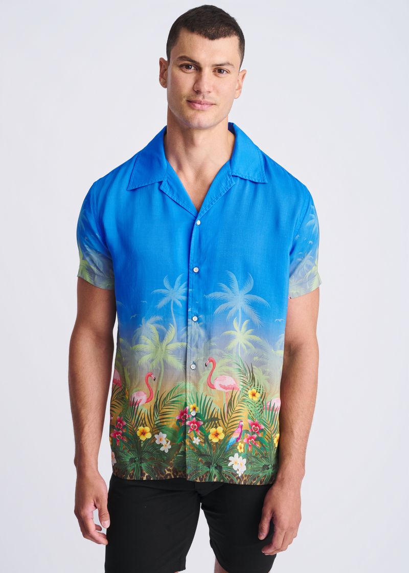 COBALT/FLAMINGO TROPICS PRINTED MODAL SHORT SLEEVE BORDER SHIRT PM-49028