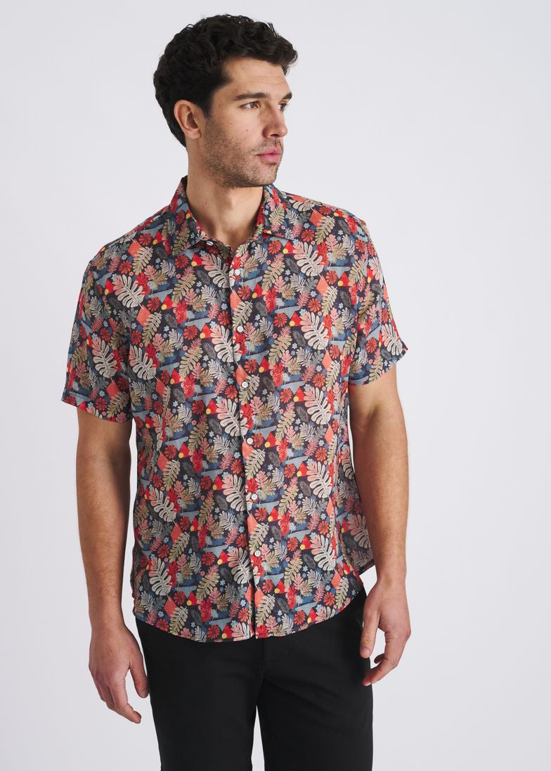 NAVY/SAGE LEAVES PRINTED LIGHTWEIGHT LINEN/TENCEL SHORT SLEEVE SHIRT PM-45052