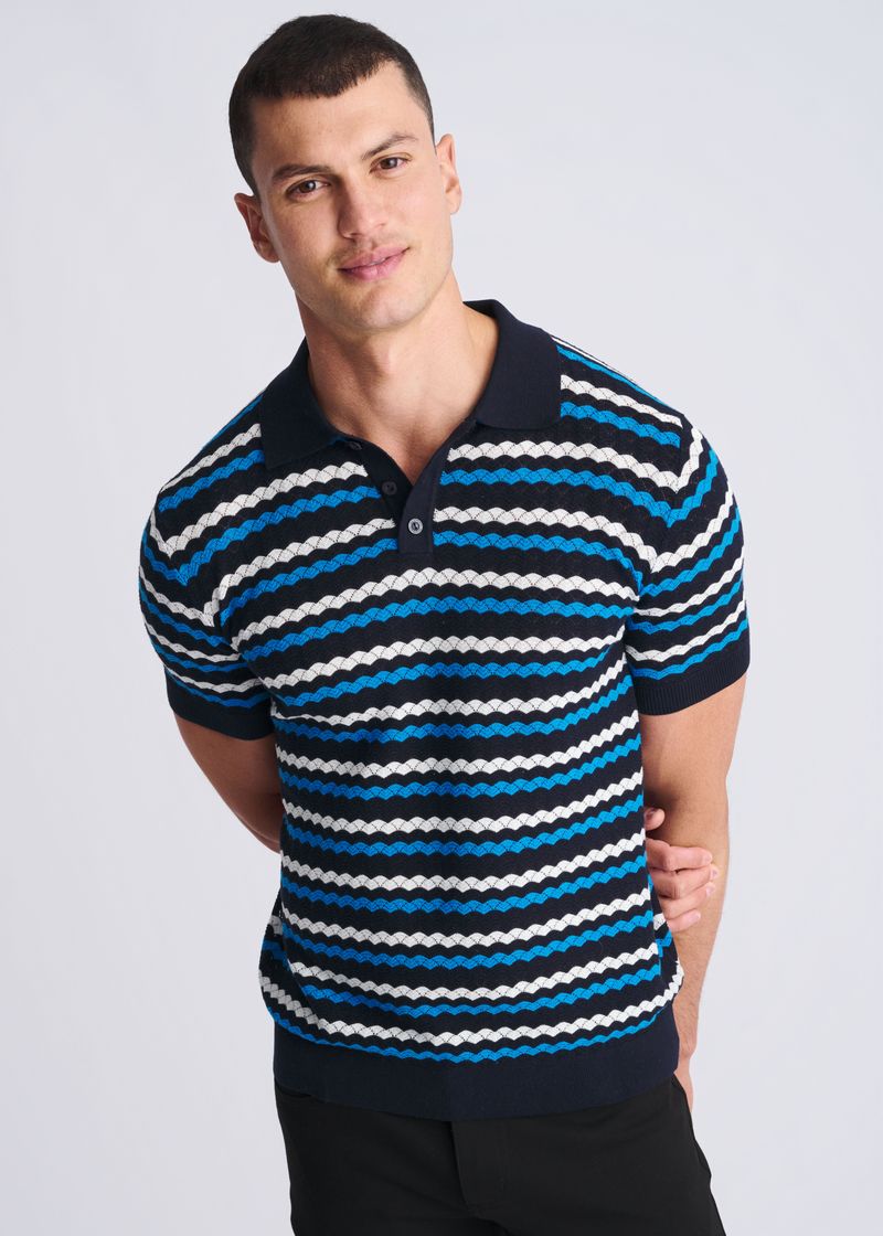 PEACOCK/NAVY/OFF WHITE WAVE TEXTURED COTTON 3-BUTTON KNIT POLO PM-16320