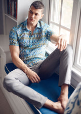 COBALT/OLIVE SWIRLS PRINTED LIGHTWEIGHT COTTON/SILK SHORT SLEEVE SHIRT PM-46045