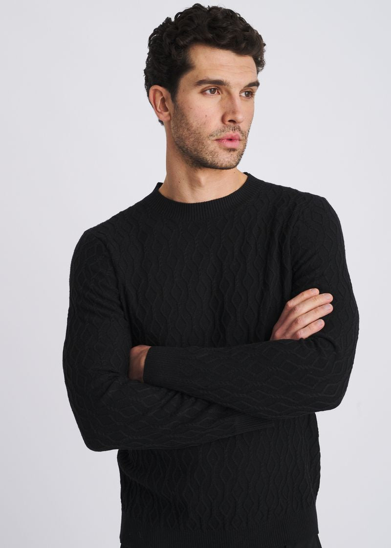 BLACK CABLE KNIT CREW NECK WOOL BLEND SWEATER PM-16421