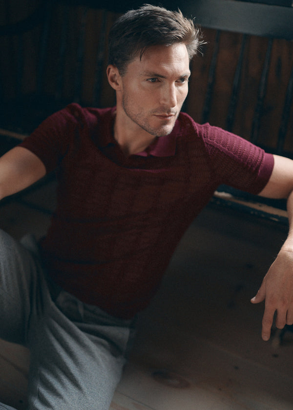 MAROON OPEN COLLAR TEXTURED MESH KNIT COTTON POLO PM-16234