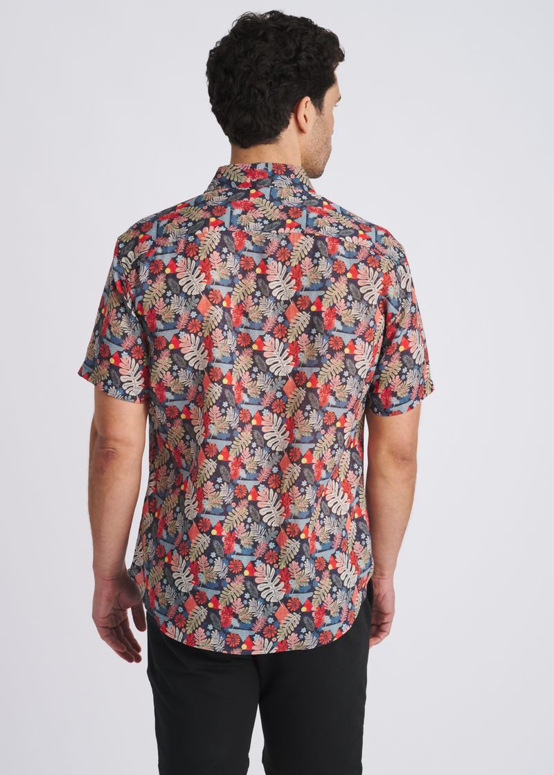 NAVY/SAGE LEAVES PRINTED LIGHTWEIGHT LINEN/TENCEL SHORT SLEEVE SHIRT PM-45052