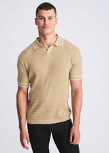 NUTMEG/MILK WHITE WAVEY TEXTURED COTTON JOHNNY COLLAR KNIT POLO PM-16331