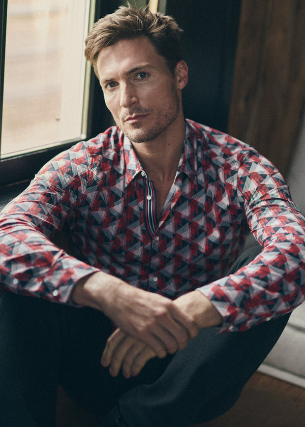 NAVY/RED TRIANGLES PRINTED STRETCH PERFORMANCE LONG SLEEVE SHIRT W/ PLACKET DETAIL PM-76087
