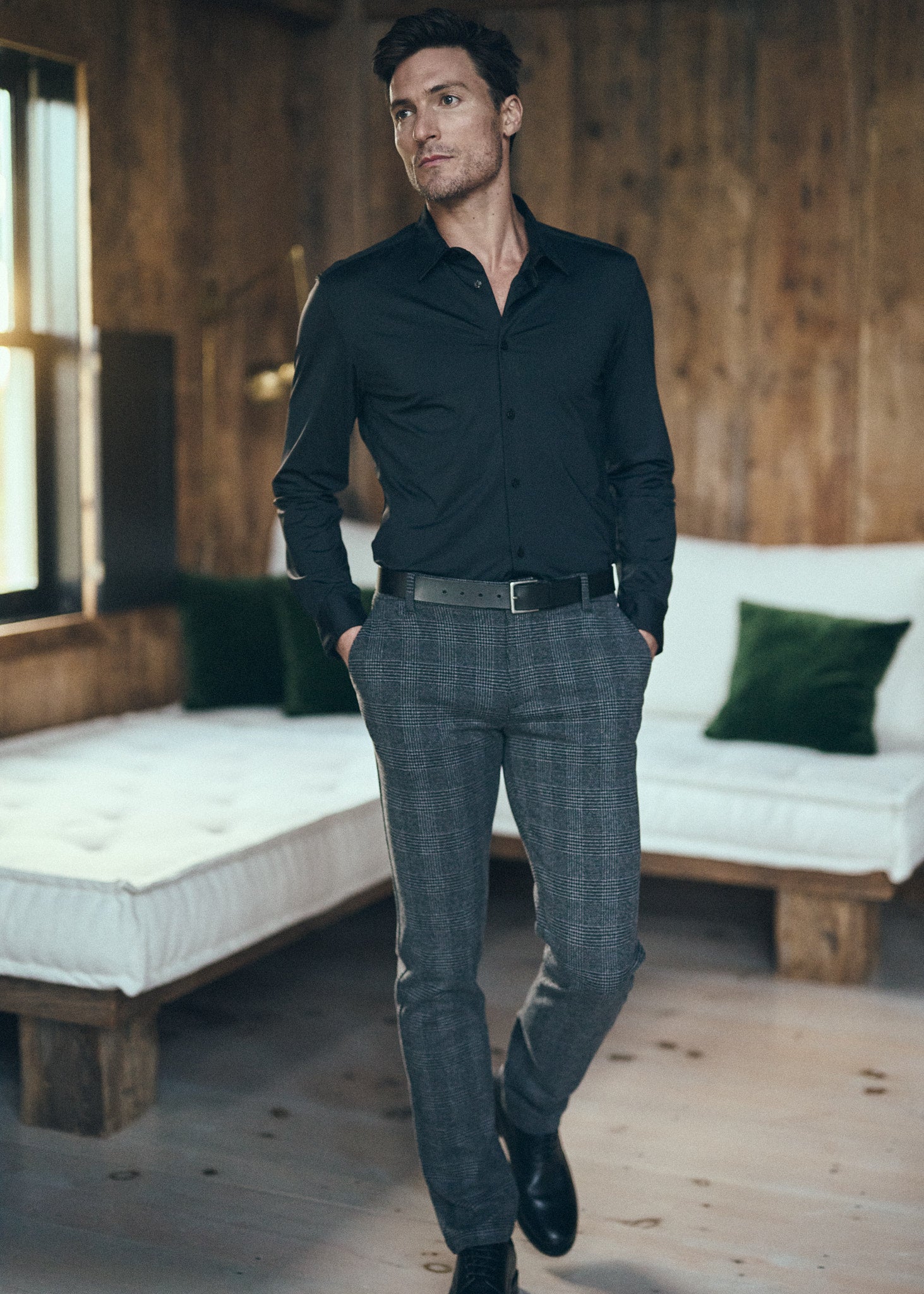 CHARCOAL GLEN PLAID WOOL-LOOK STRETCH KNIT TAILORED PANTS PM-3303-62