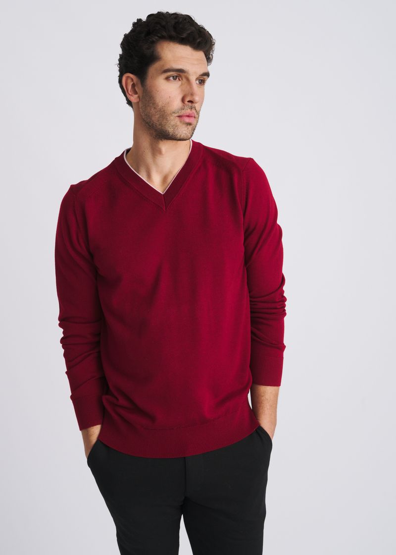 MERLOT/PETAL CONTRAST V-NECK WOOL BLEND KNIT SWEATER PM-16418