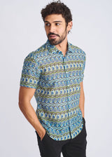 COBALT/OLIVE SWIRLS PRINTED LIGHTWEIGHT COTTON/SILK SHORT SLEEVE SHIRT PM-46045