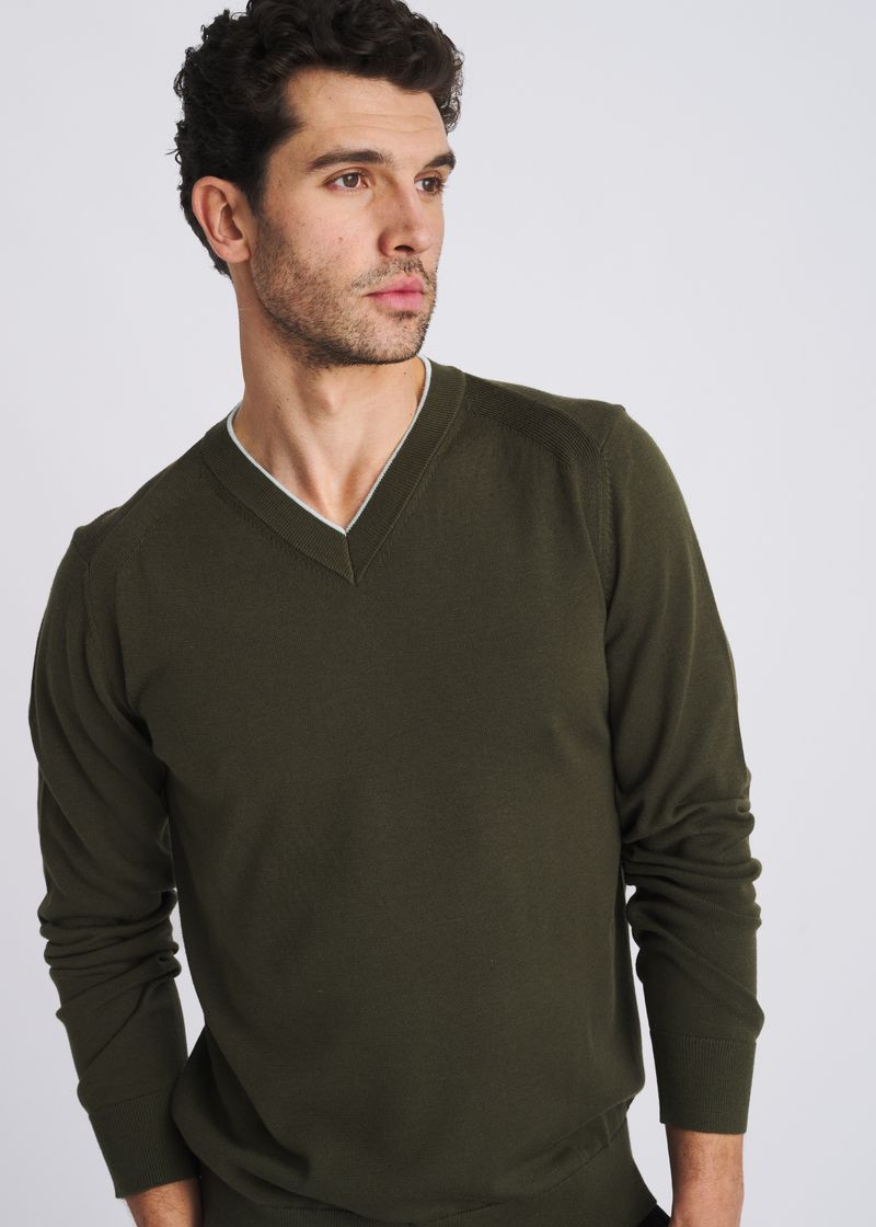 MOSS/SEACREST CONTRAST V-NECK WOOL BLEND KNIT SWEATER PM-16418