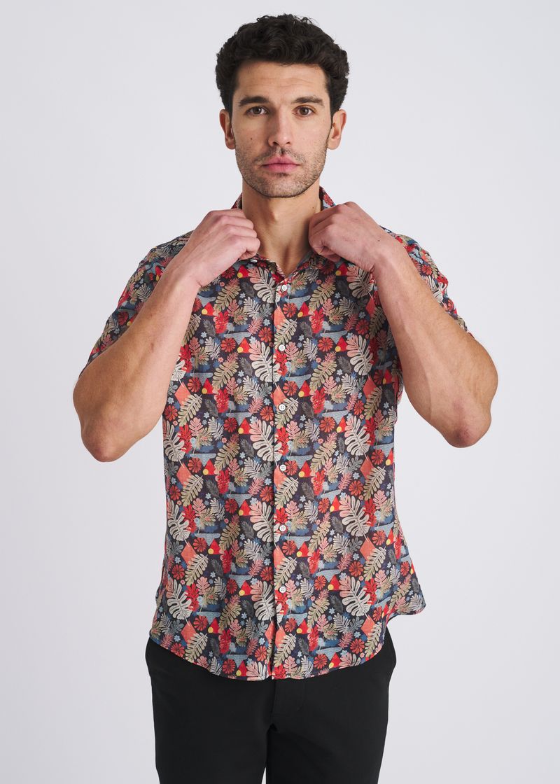 NAVY/SAGE LEAVES PRINTED LIGHTWEIGHT LINEN/TENCEL SHORT SLEEVE SHIRT PM-45052