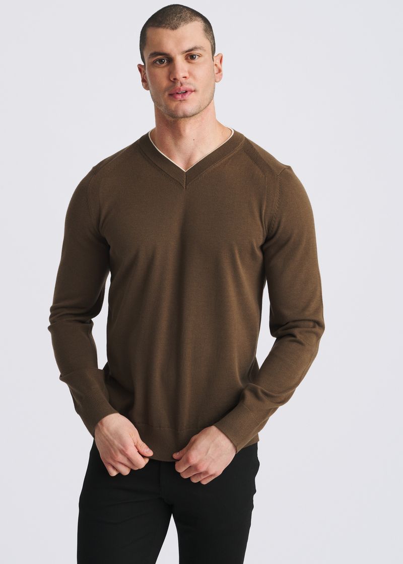 SEPIA/YOLK CONTRAST V-NECK WOOL BLEND KNIT SWEATER PM-16418
