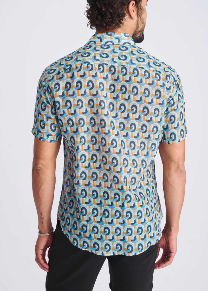 TEAL/ORANGE SWIRLS PRINTED LIGHTWEIGHT COTTON/SILK SHORT SLEEVE SHIRT PM-46043