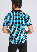 OCEAN/BLACK RETRO CHAINS JACQUARD COTTON 3-BUTTON KNIT POLO PM-16328