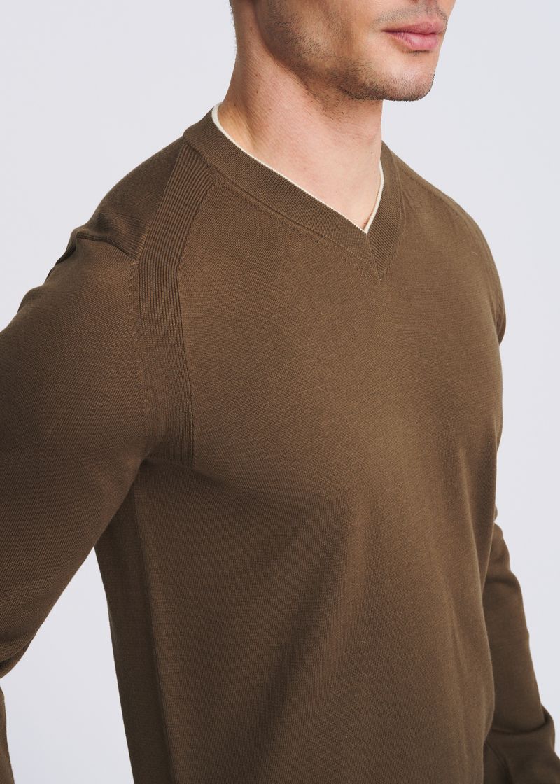 SEPIA/YOLK CONTRAST V-NECK WOOL BLEND KNIT SWEATER PM-16418