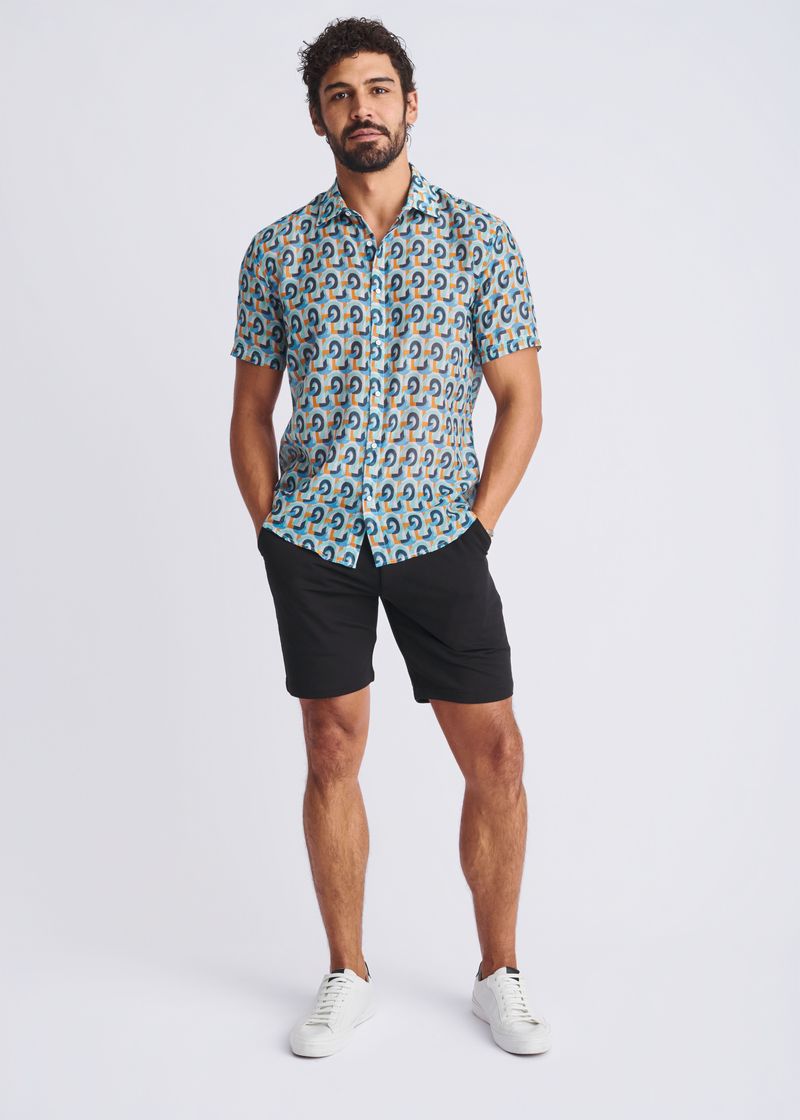 TEAL/ORANGE SWIRLS PRINTED LIGHTWEIGHT COTTON/SILK SHORT SLEEVE SHIRT PM-46043