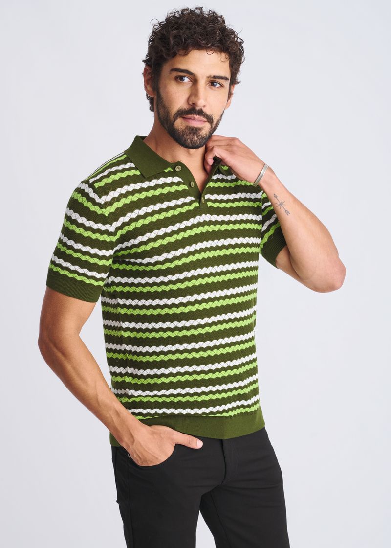PEAR/COMBAT/OFF WHITE WAVE TEXTURED COTTON 3-BUTTON KNIT POLO PM-16320