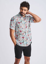 CLOUD/FUCHSIA BLOSSOMS PRINTED LIGHTWEIGHT LINEN/TENCEL SHORT SLEEVE SHIRT PM-45038