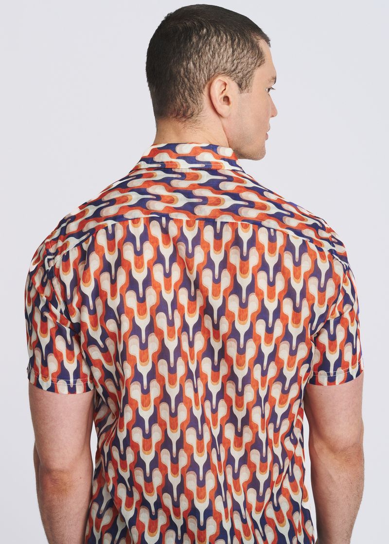 RUST/ADMIRAL SWIRLS PRINTED LIGHTWEIGHT COTTON/SILK SHORT SLEEVE SHIRT PM-46054