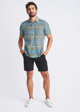 COBALT/OLIVE SWIRLS PRINTED LIGHTWEIGHT COTTON/SILK SHORT SLEEVE SHIRT PM-46045