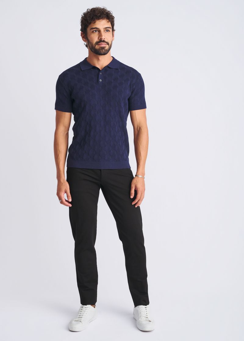 NAVY TEXTURED SILK/TENCEL 3-BUTTON KNIT POLO PM-16319