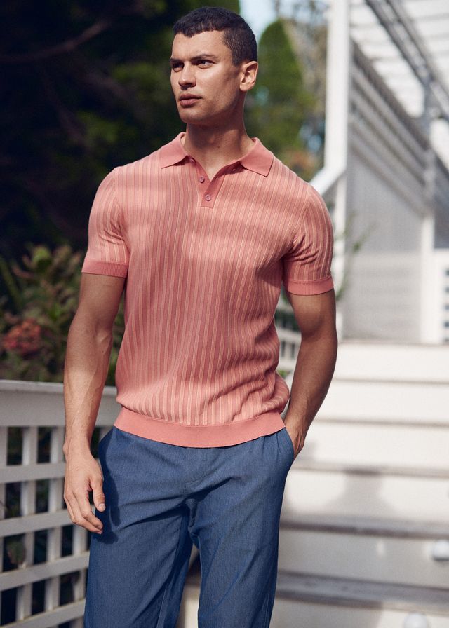 CORAL/SHERBET TEXTURED STRIPES SILK/TENCEL 3-BUTTON KNIT POLO PM-16323