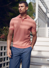 CORAL/SHERBET TEXTURED STRIPES SILK/TENCEL 3-BUTTON KINIT POLO PM-16323