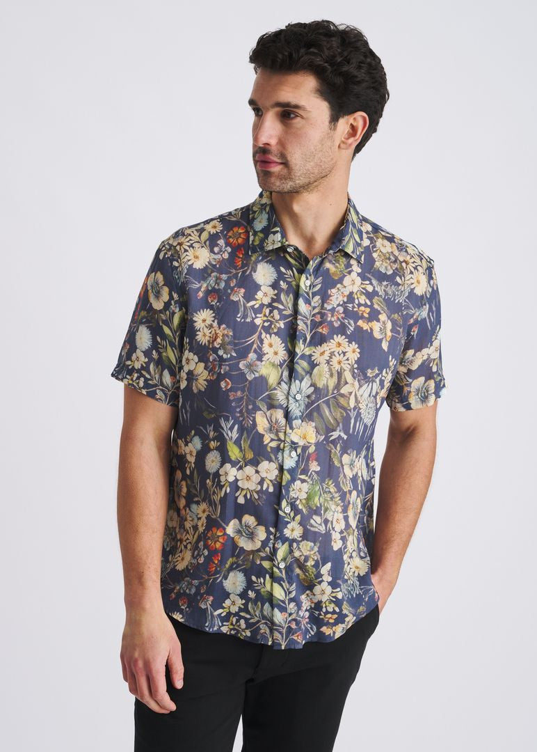 NAVY/SEACREST BLOOMS PRINTED LIGHTWEIGHT LINEN/TENCEL SHORT SLEEVE SHIRT PM-45047
