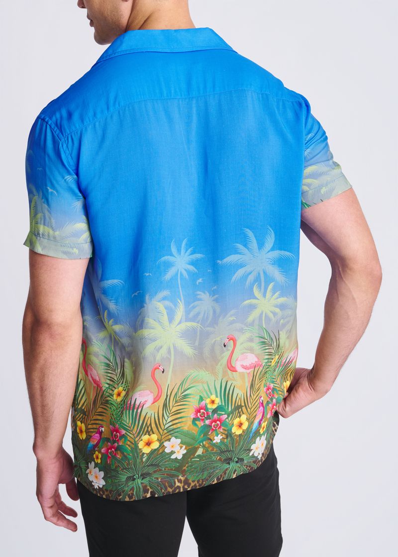 COBALT/FLAMINGO TROPICS PRINTED MODAL SHORT SLEEVE BORDER SHIRT PM-49028
