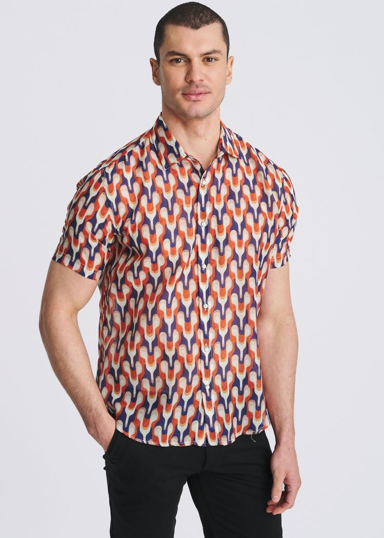 RUST/ADMIRAL SWIRLS PRINTED LIGHTWEIGHT COTTON/SILK SHORT SLEEVE SHIRT PM-46054