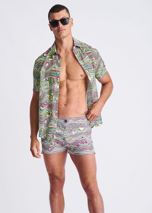 BUD/BLUSH SWIRLS PRINTED SEERSUCKER SWIM SHORTS W/MESH LINING PM-6018-50