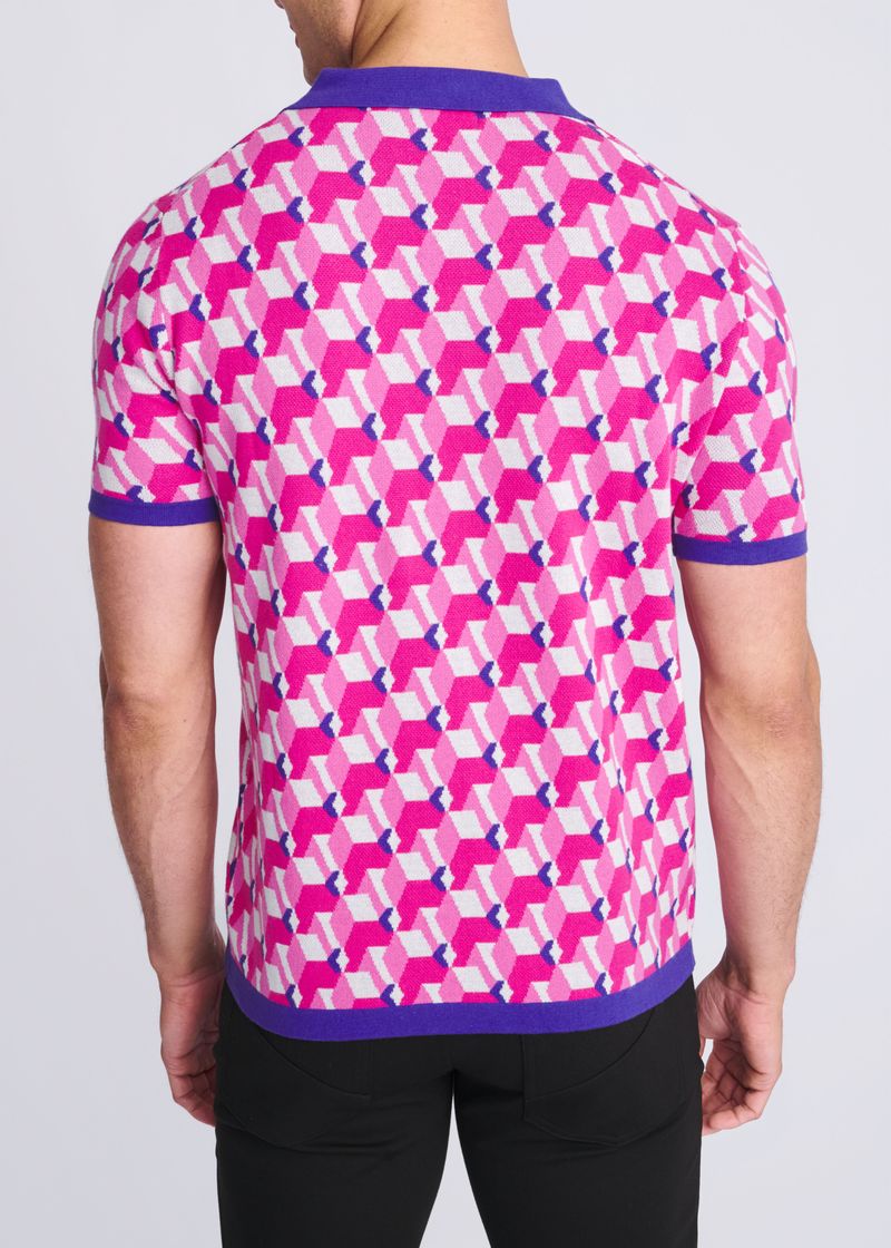 BLUSH/PINK 3D CUBES JACQUARD COTTON 3-BUTTON KNIT POLO PM-16325