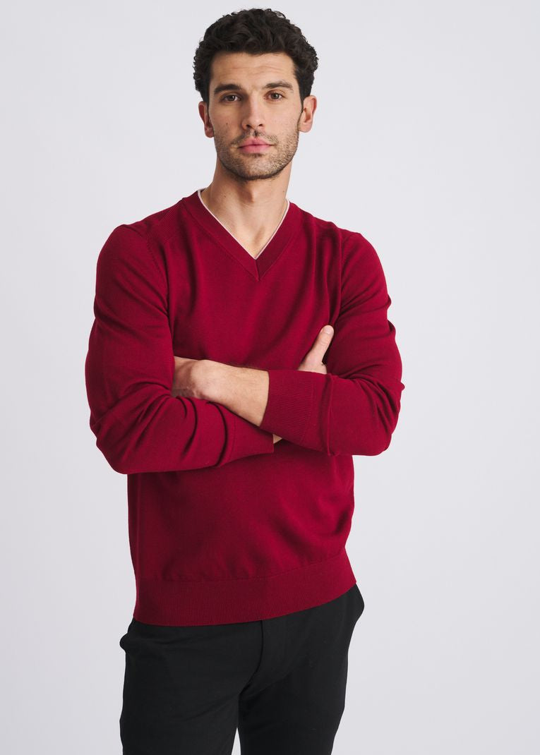 MERLOT/PETAL CONTRAST V-NECK WOOL BLEND KNIT SWEATER PM-16418