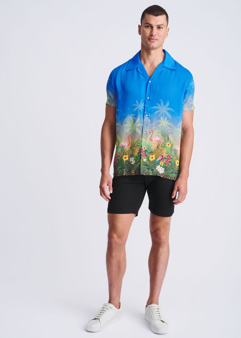 COBALT/FLAMINGO TROPICS PRINTED MODAL SHORT SLEEVE BORDER SHIRT PM-49028