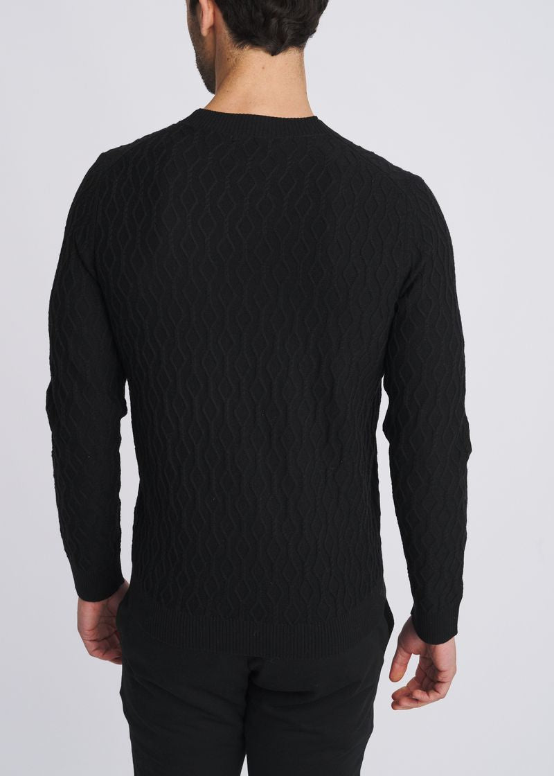 BLACK CABLE KNIT CREW NECK WOOL BLEND SWEATER PM-16421