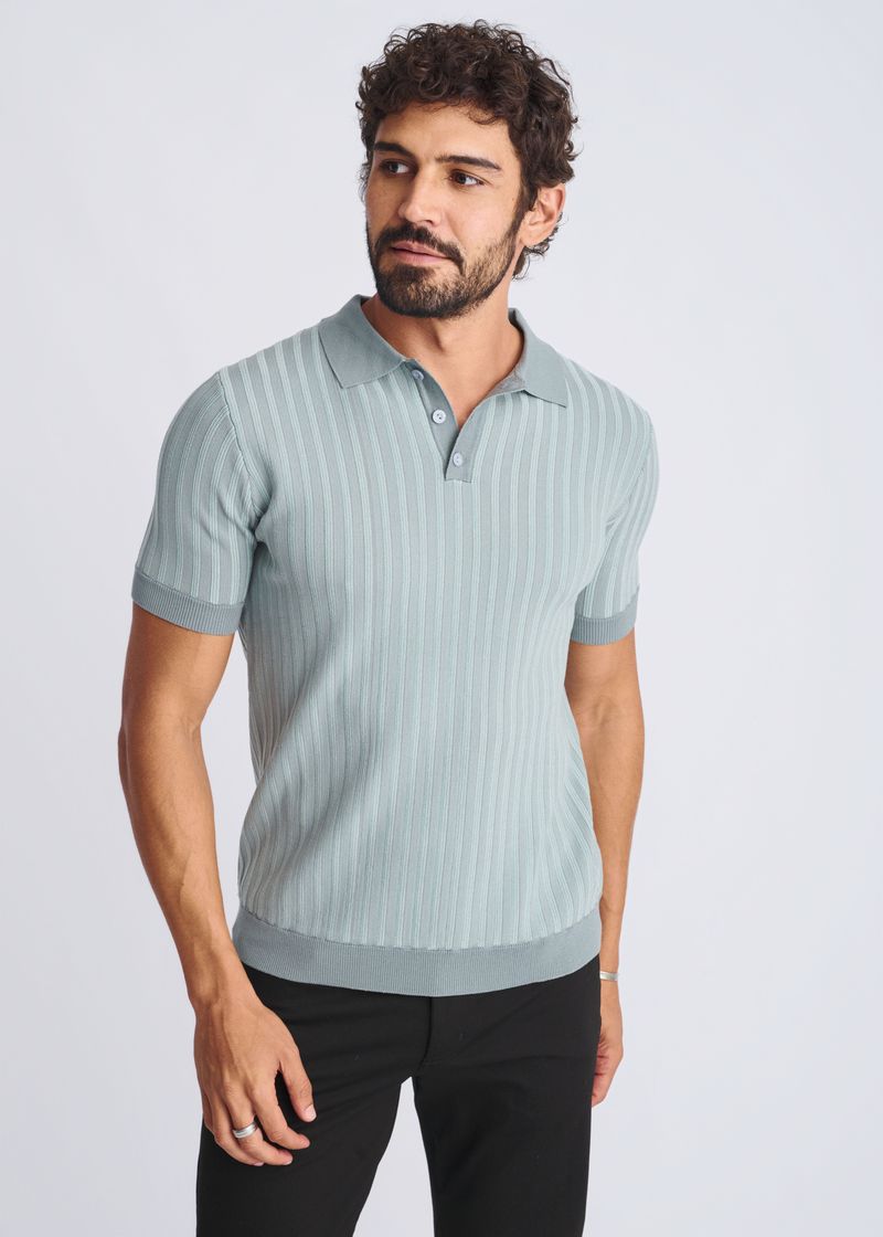 STALK/WEED TEXTURED STRIPES SILK/TENCEL 3-BUTTON KNIT POLO PM-16323