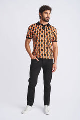 ORANGE/BLACK RETRO CHAINS JACQUARD COTTON 3-BUTTON KNIT POLO PM-16328
