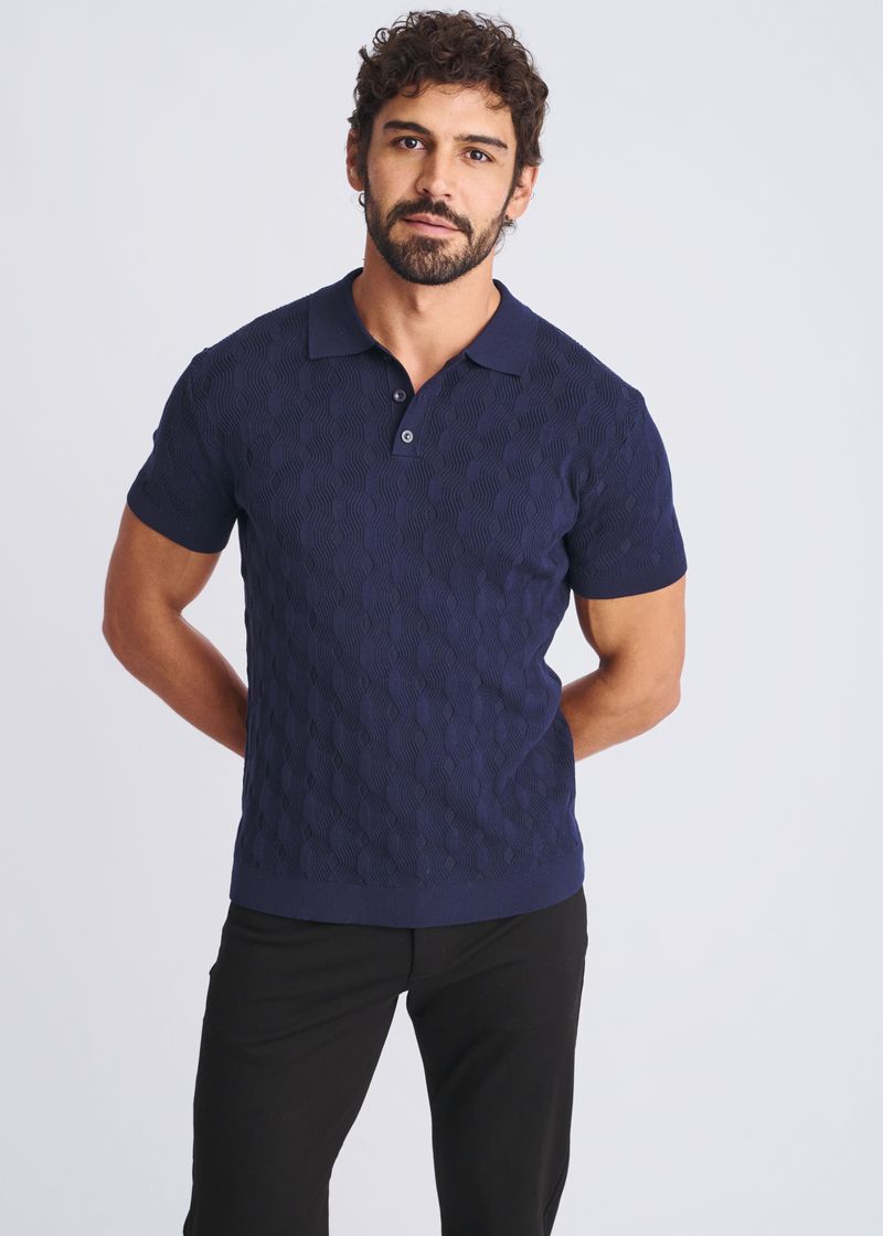 NAVY TEXTURED SILK/TENCEL 3-BUTTON KNIT POLO PM-16319