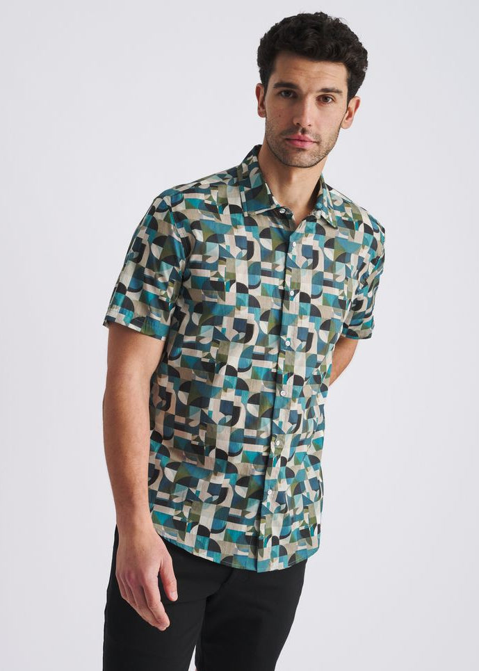 FOREST/OLIVE GEOMETRIC PRINTED LIGHTWEIGHT COTTON/TENCEL SHORT SLEEVE SHIRT PM-47061