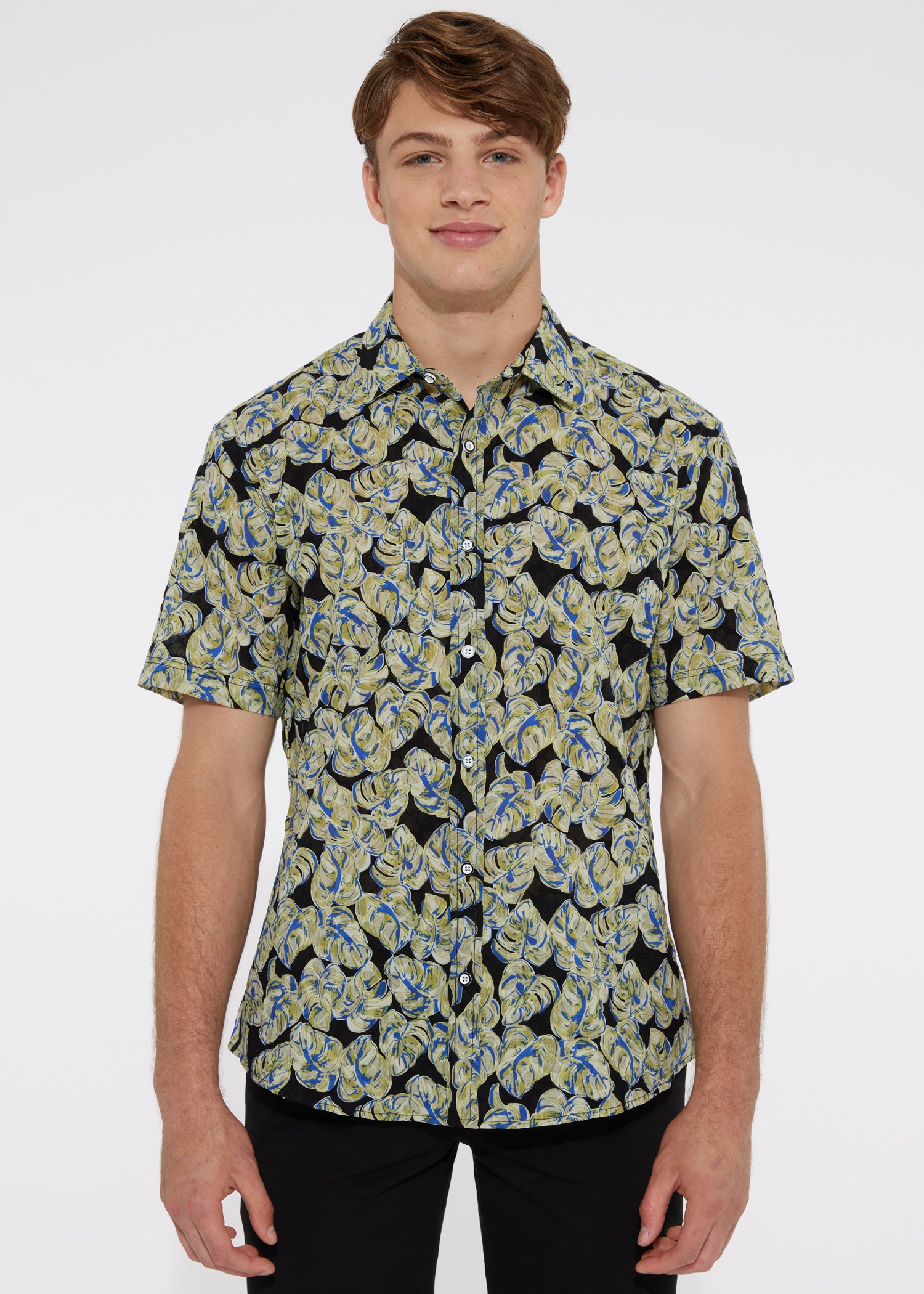 CITRUS/BLACK LEAVES COTTON SEERSUCKER WOVEN SHORT SLEEVE SHIRT PM-14107