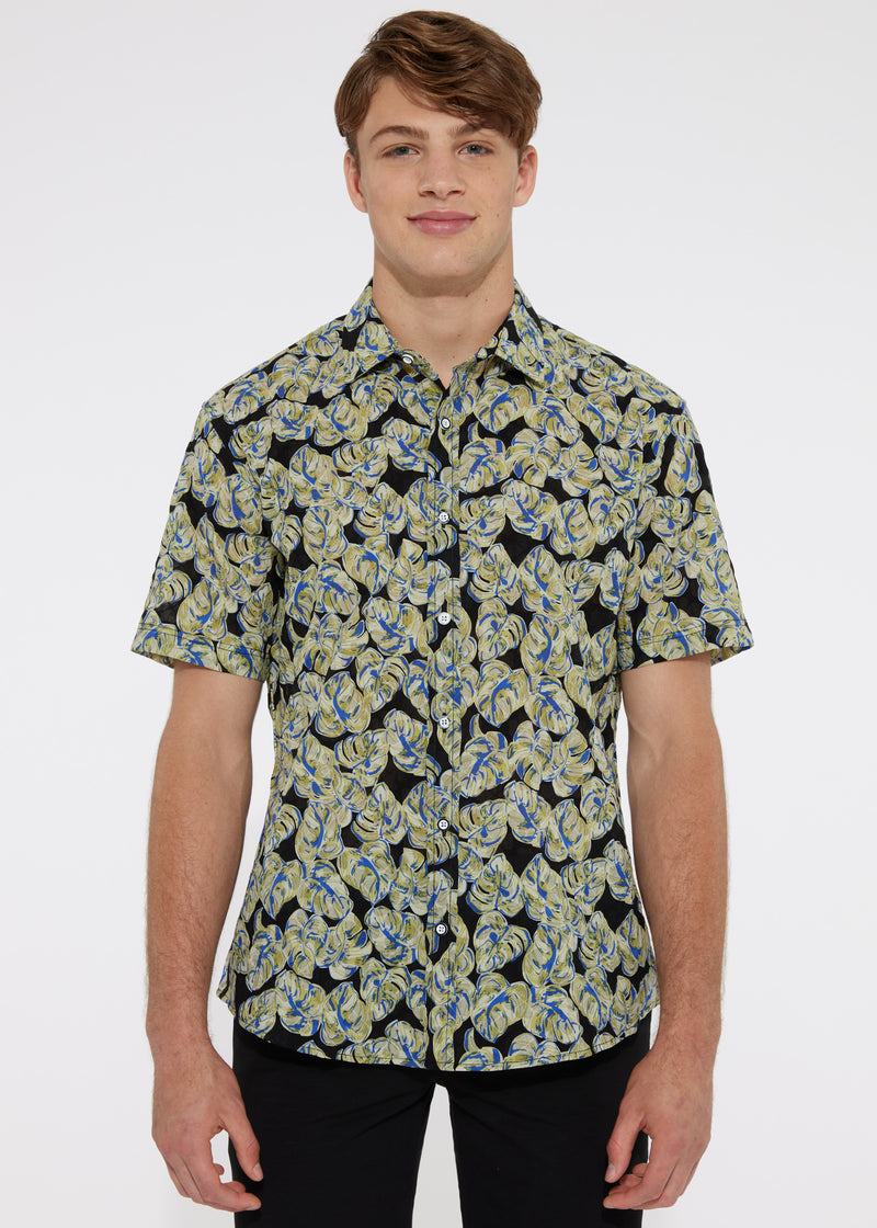 CITRUS/BLACK LEAVES COTTON SEERSUCKER WOVEN SHORT SLEEVE SHIRT PM-14107